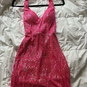 Pink sequin halter dress